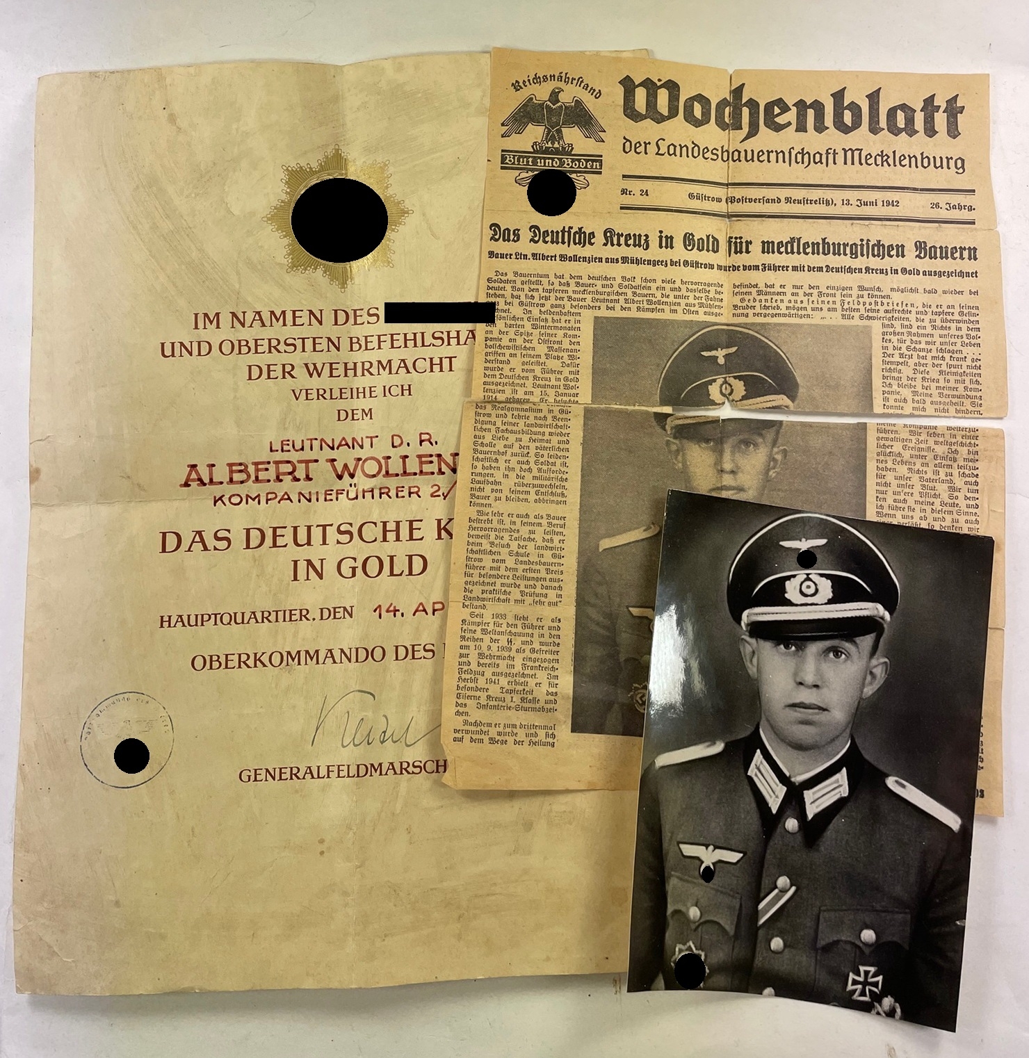 Große Urkunde Deutsches Kreuz in Gold, Leutnant Albert Wollenzien – Bild 1