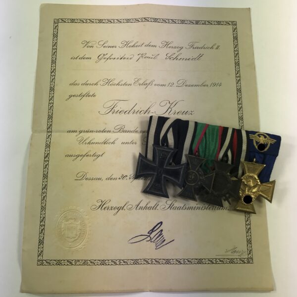 Anhalt Ordensschnalle (4X), Eisernes Kreuz 2. Klasse 1914, Anhalt Friedrich Kreuz, Ehrenkreuz für Frontkämpfer, 3. Reich Polizei Dienstauszeichnung für 25 Jahre