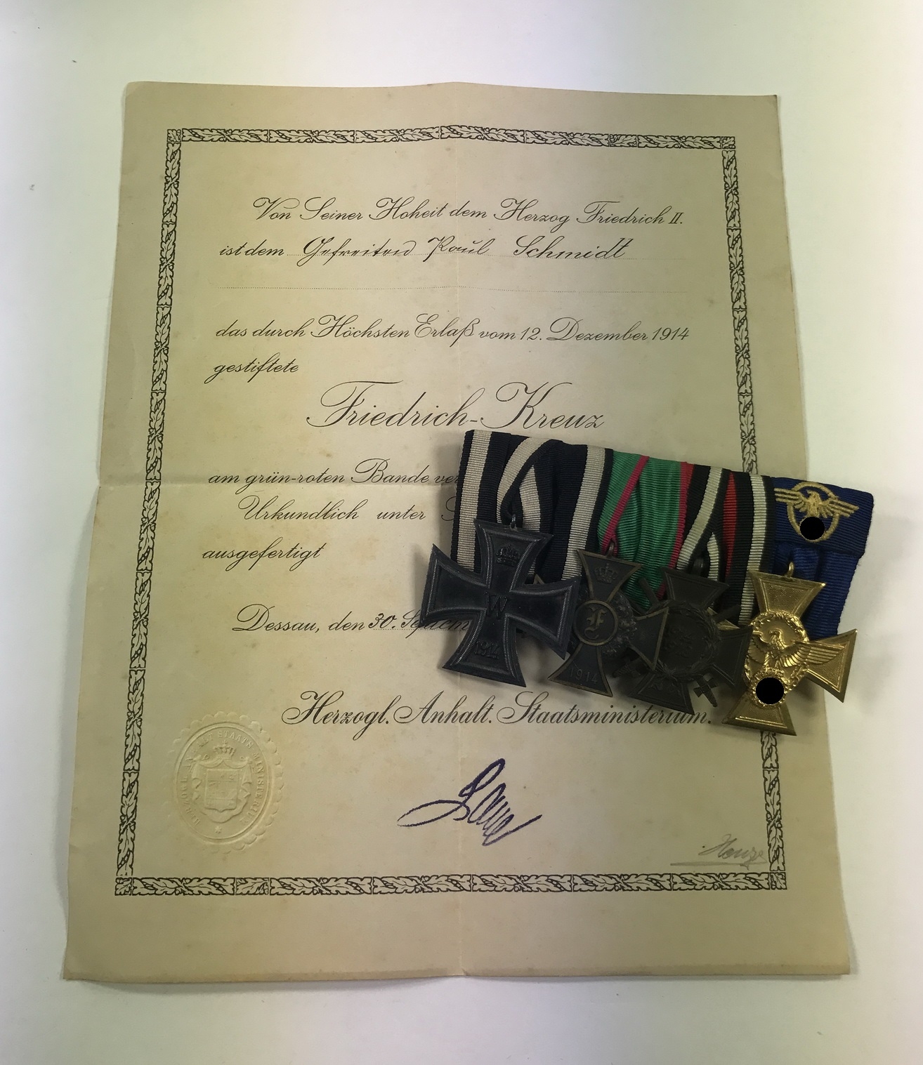 img_1878_bildgr_e_ndern_1_1 Anhalt Ordensschnalle (4X), Eisernes Kreuz 2. Klasse 1914, Anhalt Friedrich Kreuz, Ehrenkreuz für Frontkämpfer, 3. Reich Polizei Dienstauszeichnung für 25 Jahre