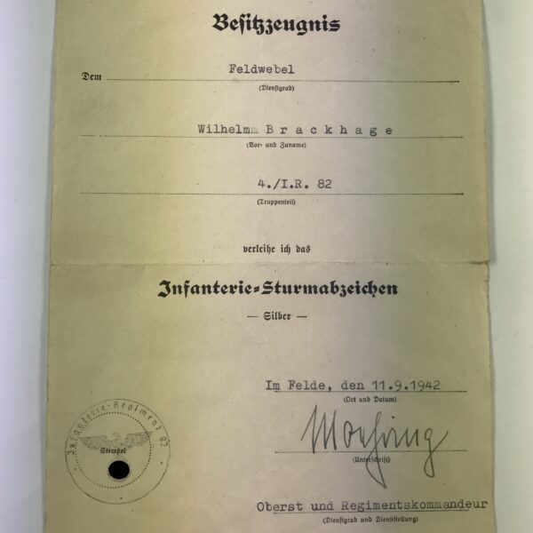 Besitzzeugnis (Urkunde) Infanterie-Sturmabzeichen in Silber