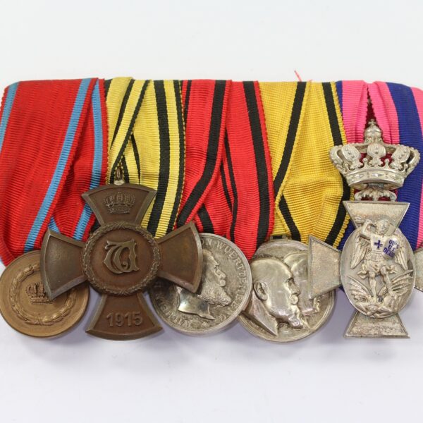 Ordenschnalle - Württemberg, Landwehr-Dienstauszeichnung 2. Klasse 1913 - Württemberg, Wilhelmskreuz ohne Schwerter für Kriegsverdienst - Württemberg, Silberne Verdienstmedaille 1892 - Württemberg, Silberne Hochzeitsmedaille 1911 - Bayern, Verdienstorden