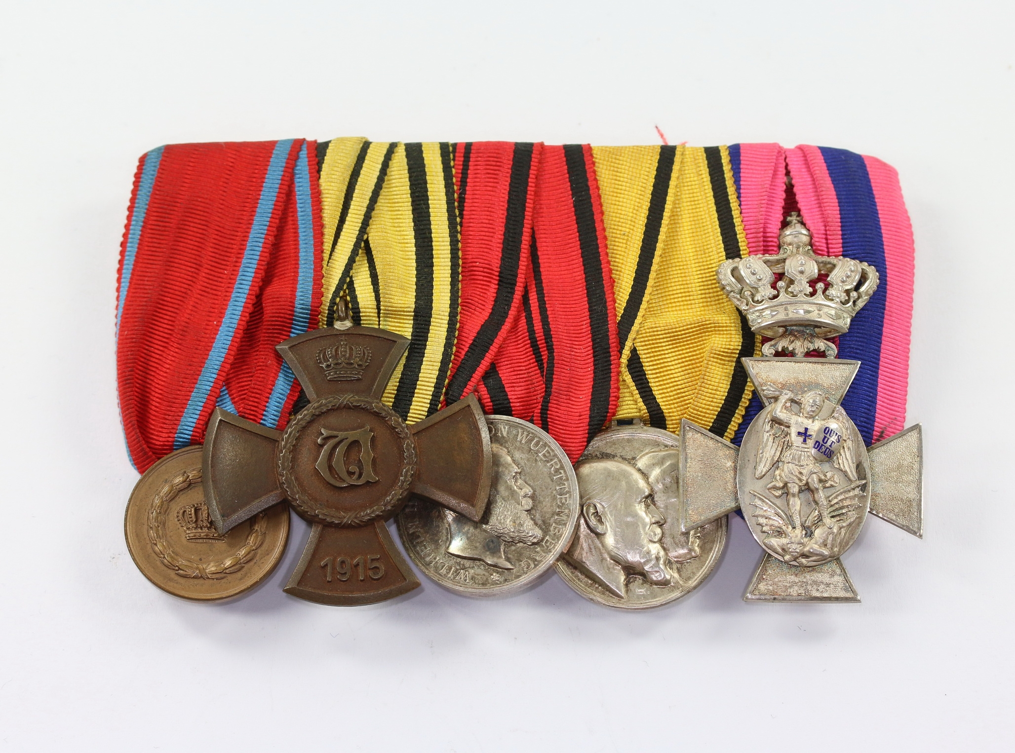 img_2011_bildgr_e_ndern_2 Ordenschnalle - Württemberg, Landwehr-Dienstauszeichnung 2. Klasse 1913 - Württemberg, Wilhelmskreuz ohne Schwerter für Kriegsverdienst - Württemberg, Silberne Verdienstmedaille 1892 - Württemberg, Silberne Hochzeitsmedaille 1911 - Bayern, Verdienstorden