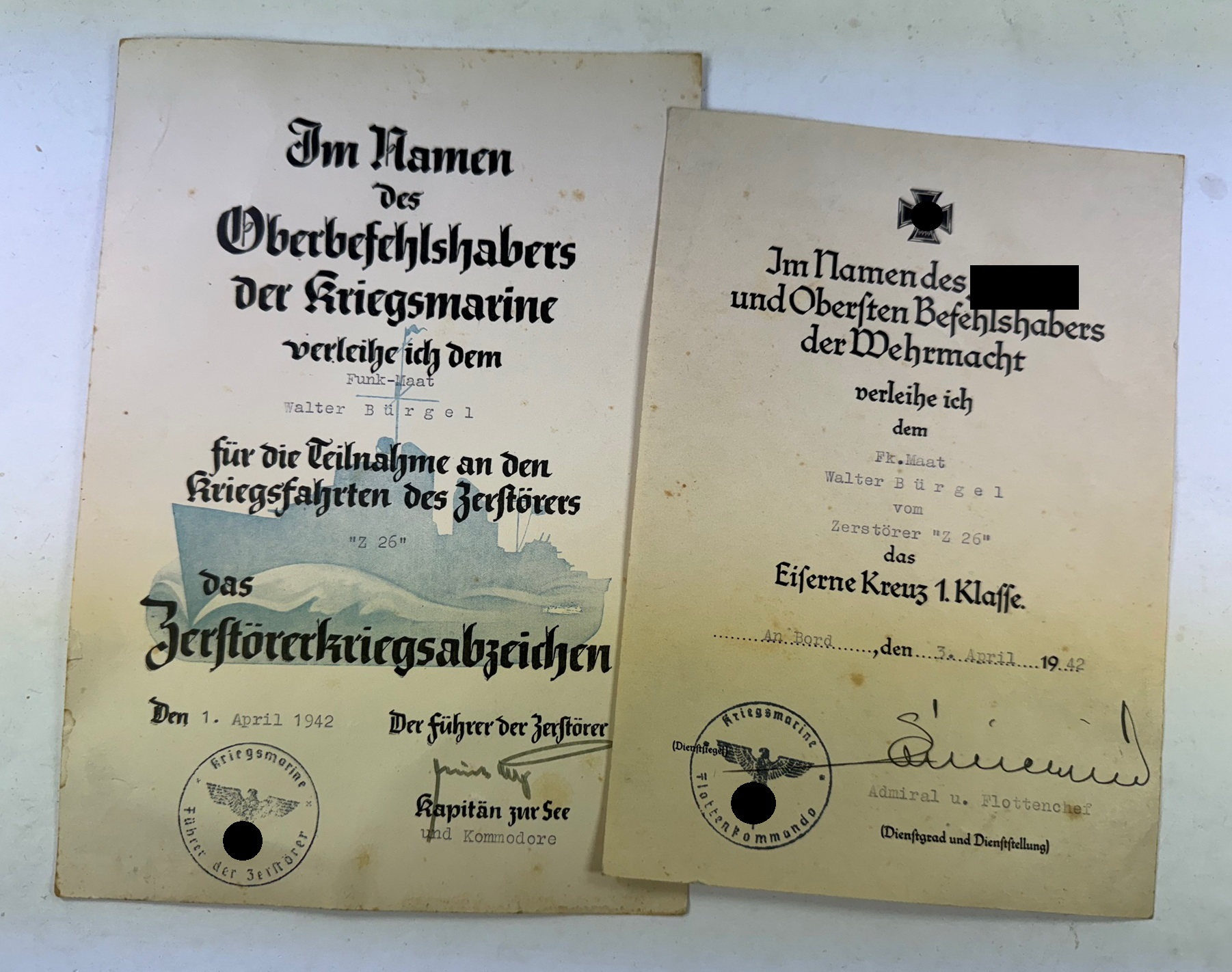 Kriegsmarine, Urkunden Zerstörer Z 26 Nordmeer (Geleitzug PQ 13) – Bild 1