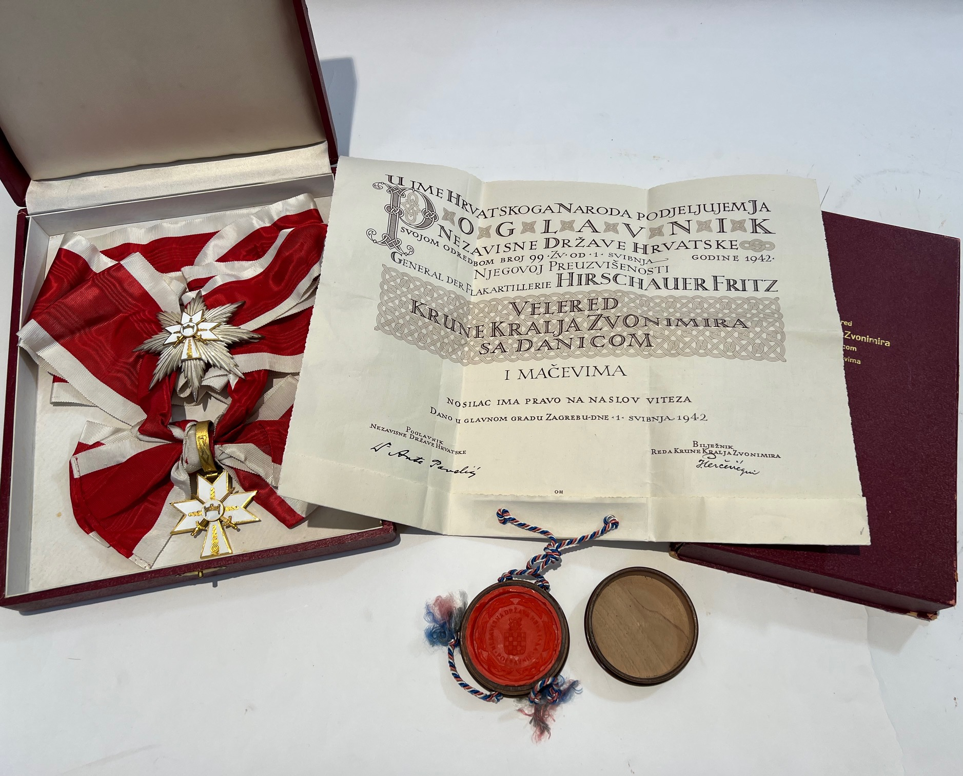 Kroatien, Orden der Krone König Zvonimirs Großkreuz Satz mit Schwertern + Urkunde im Etui, General der Flakartillerie Fritz Hirschauer – Bild 1