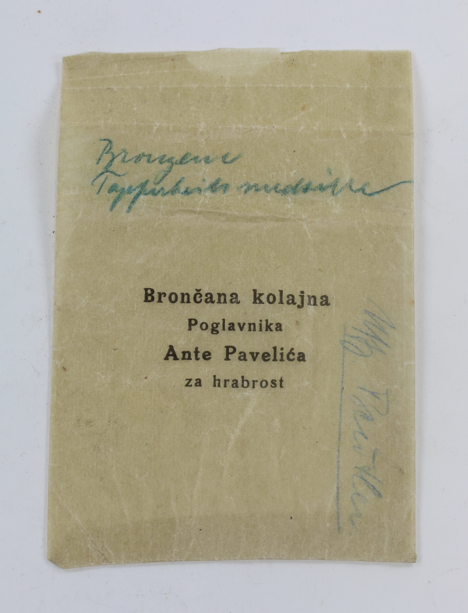 Kroatien, Verleihungstüte Ante Pavelic Tapferkeitsmedaille 1941 in Bronze - Broncana kolajna Poglavnika Ante Pavelica za hrabrosti – Bild 1