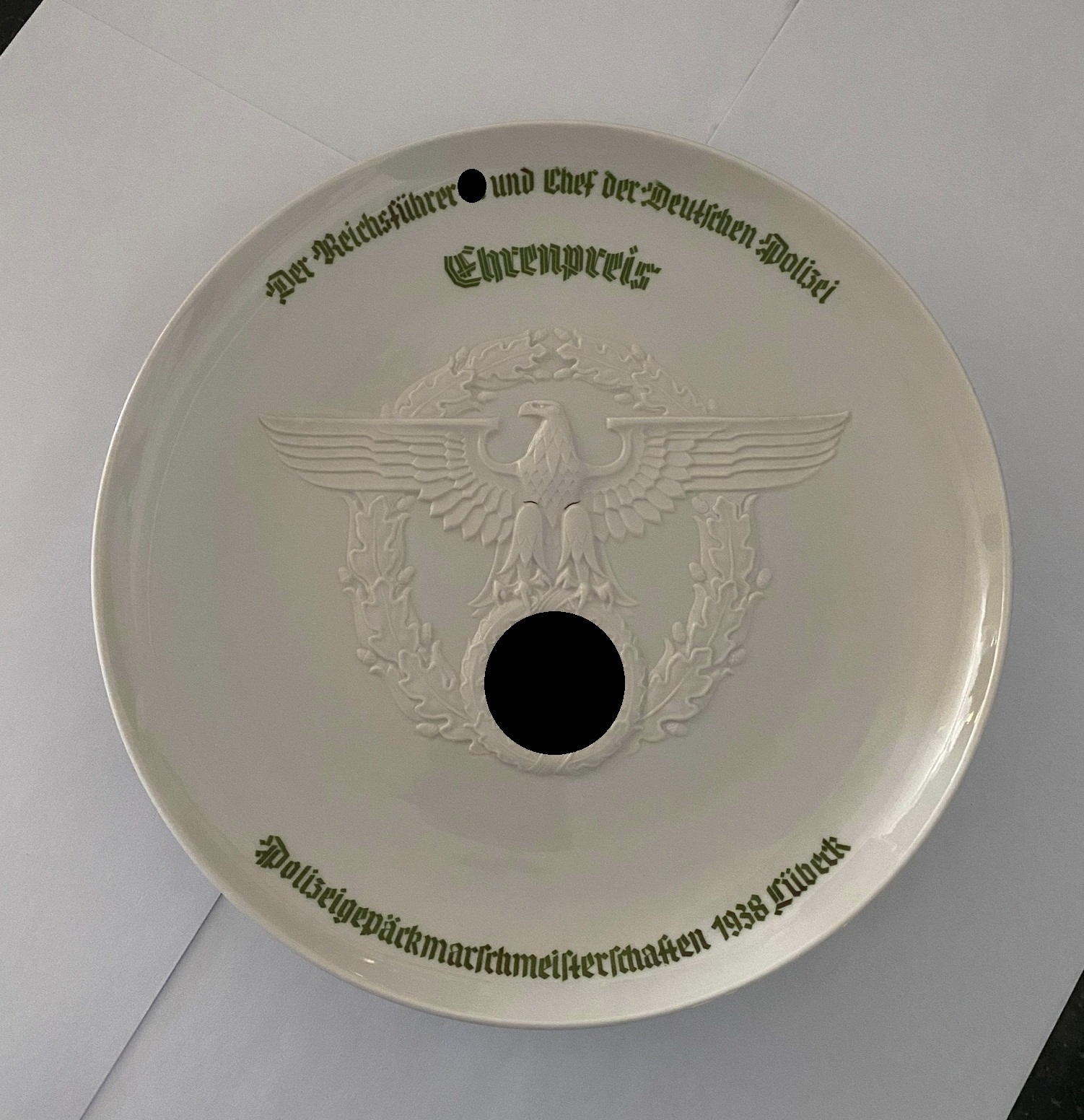 Manufaktur Allach Schmuck Teller - Der Reichsführer-SS und Chef der Deutschen Polizei Ehrenpreis Polizeigepäckmarschmeisterschaften 1938 Lübeck – Bild 1