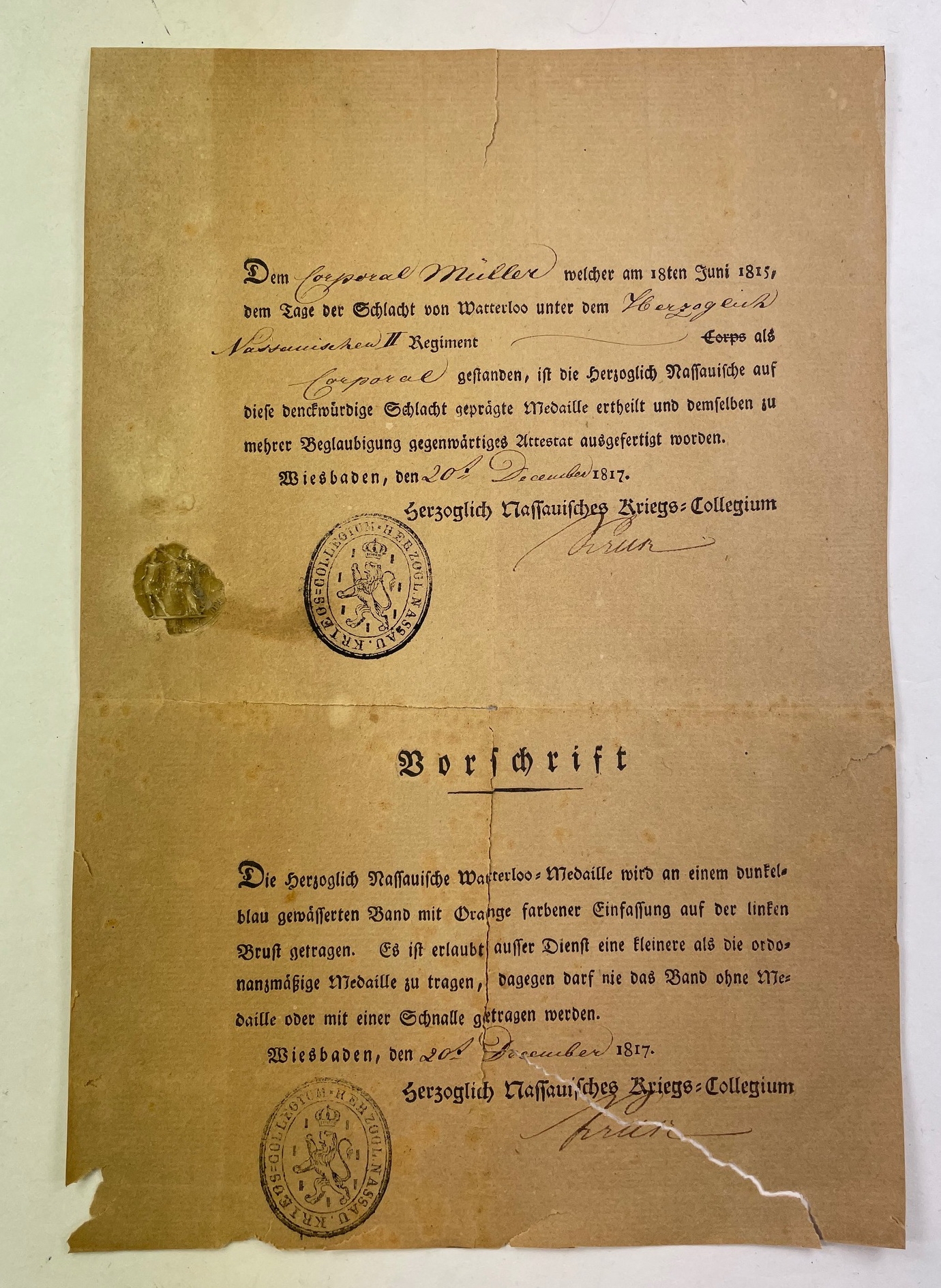 nassau_urkunde_waterloo_medaille_1_ Nassau, Urkunde Waterloo Medaille – Bild 1