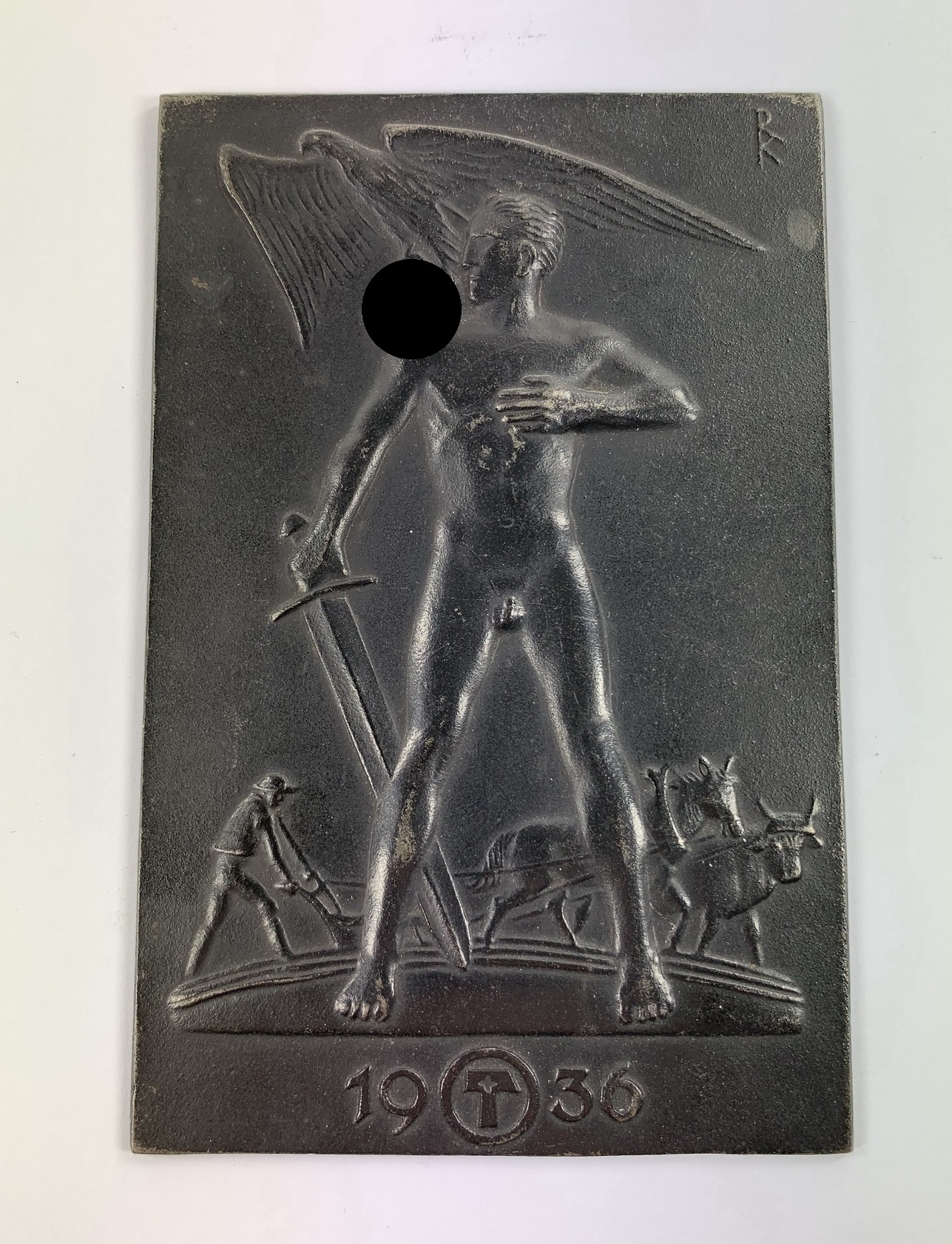 plakette_lauchhammer_eisen_weihnachten_1936_bauer_mit_schwert_adler_mit_hakenkreuz_1__1 Plakette, Lauchhammer Eisen, Weihnachten 1936, Bauer mit Schwert, Adler mit Hakenkreuz – Bild 1