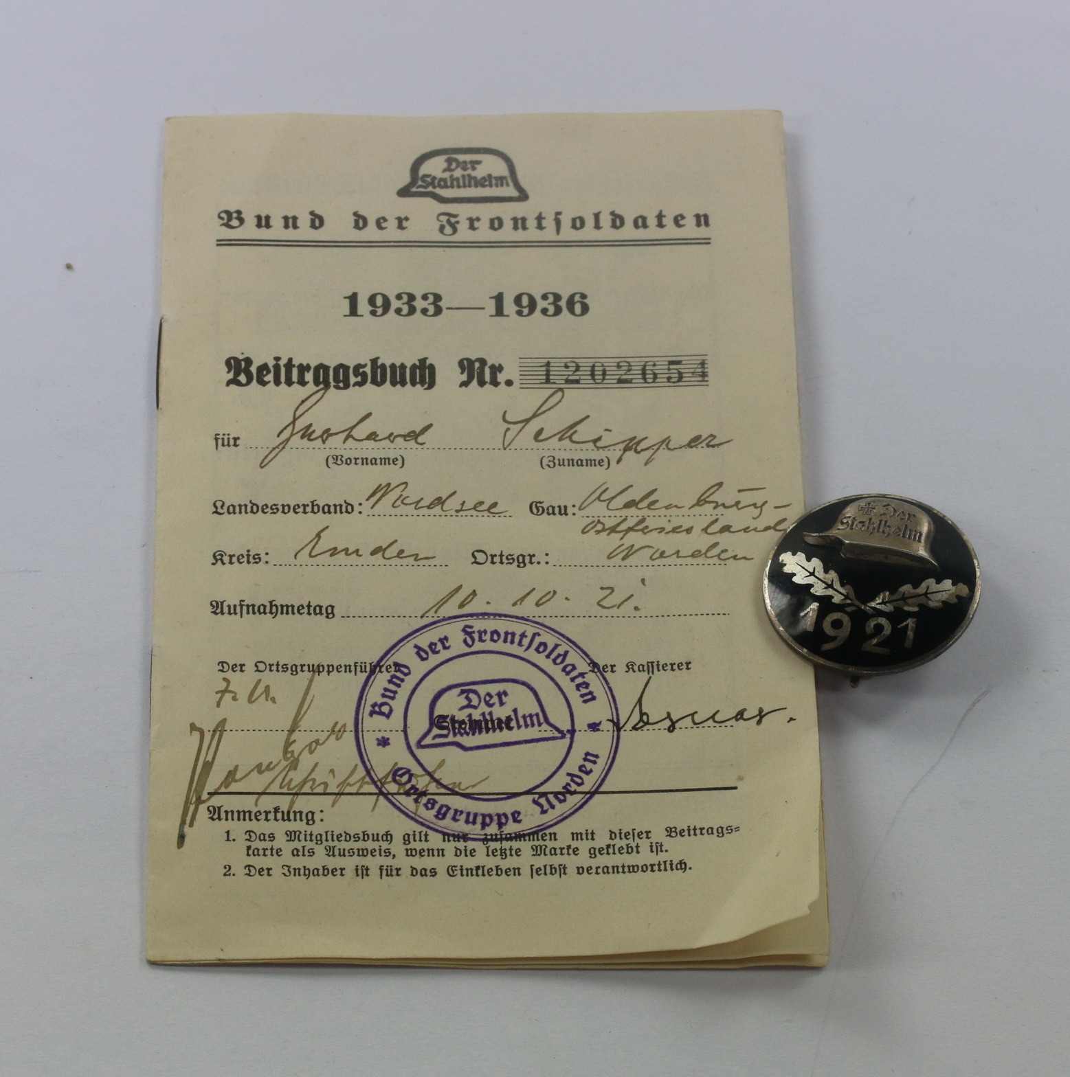 stahlhelmbund_eintrittsabzeichen_1921_silber_935_beitragsbuch Stahlhelmbund, Eintrittsabzeichen 1921, Silber (935) + Beitragsbuch – Bild 1