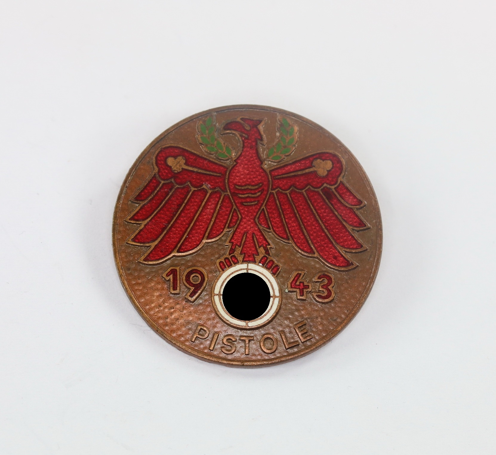 Tiroler Standschützen Abzeichen, Pistole 1943 in Bronze, Hst. O.Poellath Schrobenhausen – Bild 1
