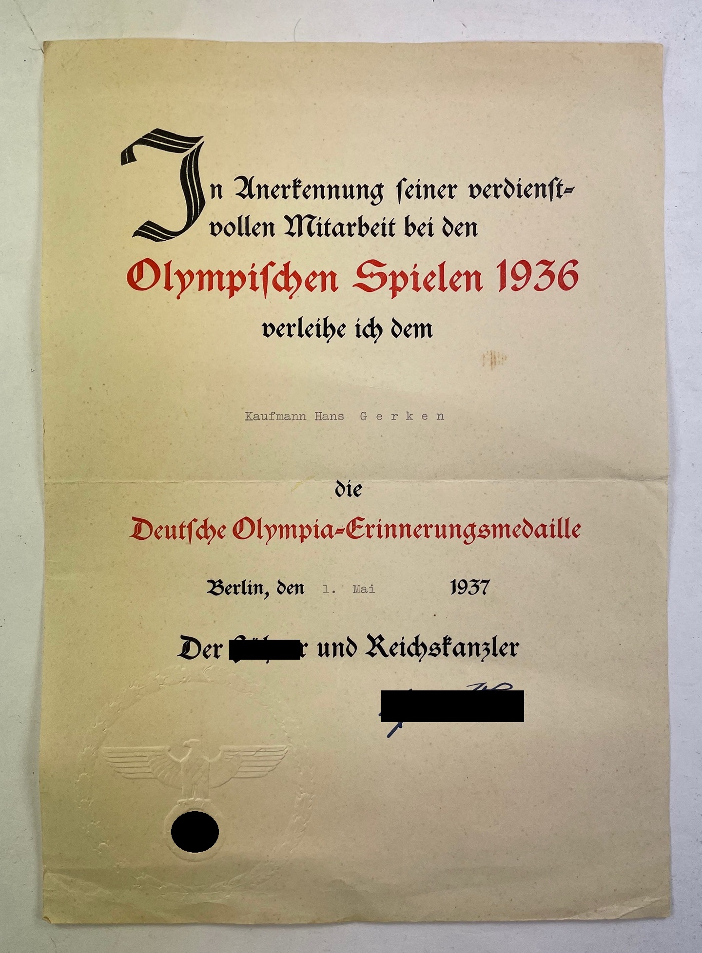Urkunde Deutsche Olympia-Erinnerungsmedaille - In Anerkennung seiner verdienstvollen Mitarbeit bei den Olympischen Spielen 1936 – Bild 1