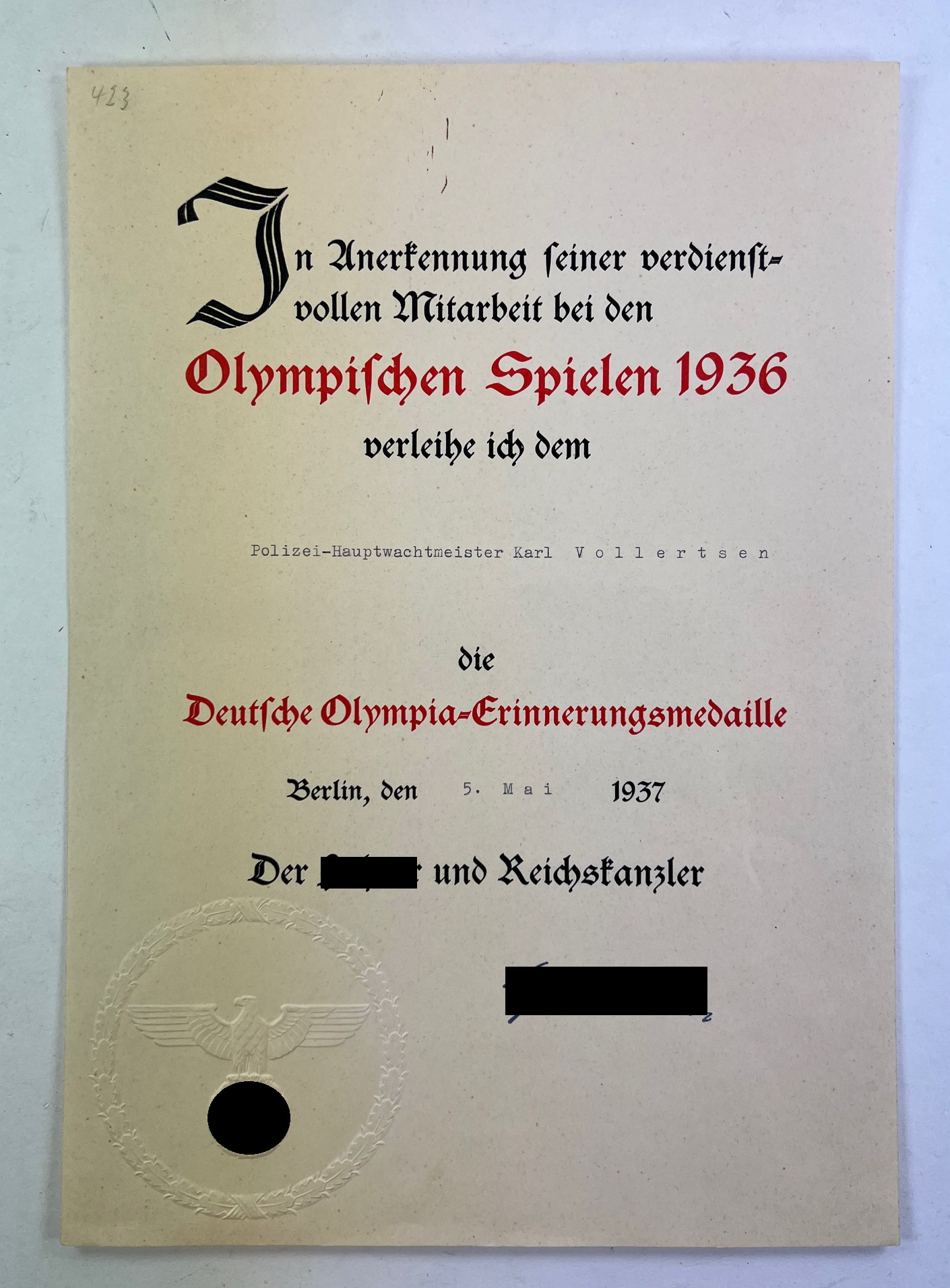 Urkunde, Deutsche Olympia-Erinnerungsmedaille - In Anerkennung seiner verdienstvollen Mitarbeit bei den Olympischen Spielen 1936 – Bild 1