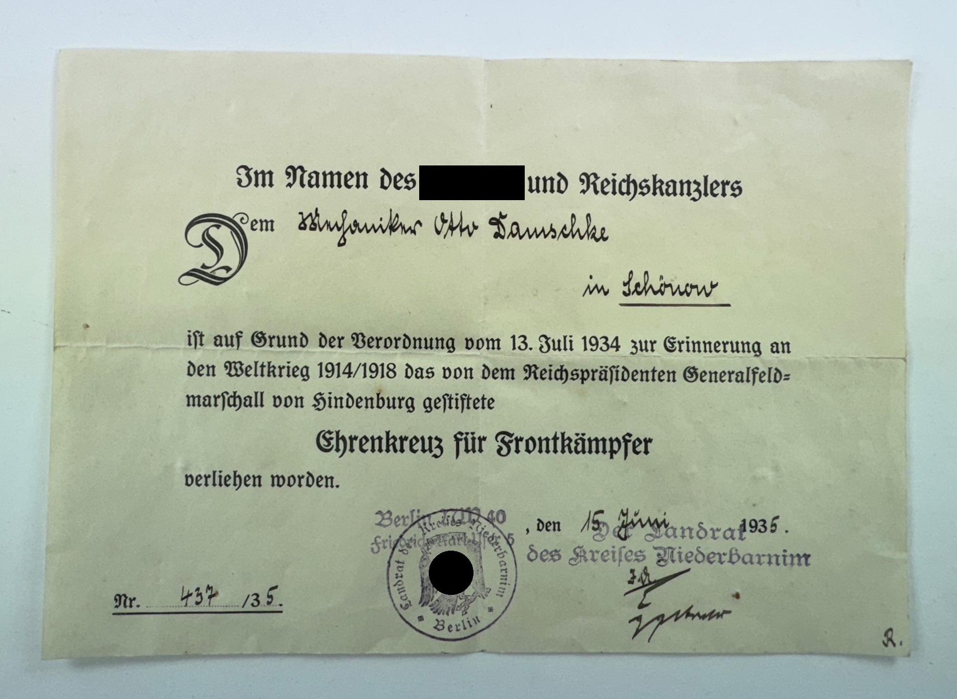 Urkunde, Ehrenkreuz für Frontkämpfer (Hindenburgkreuz) – Bild 1