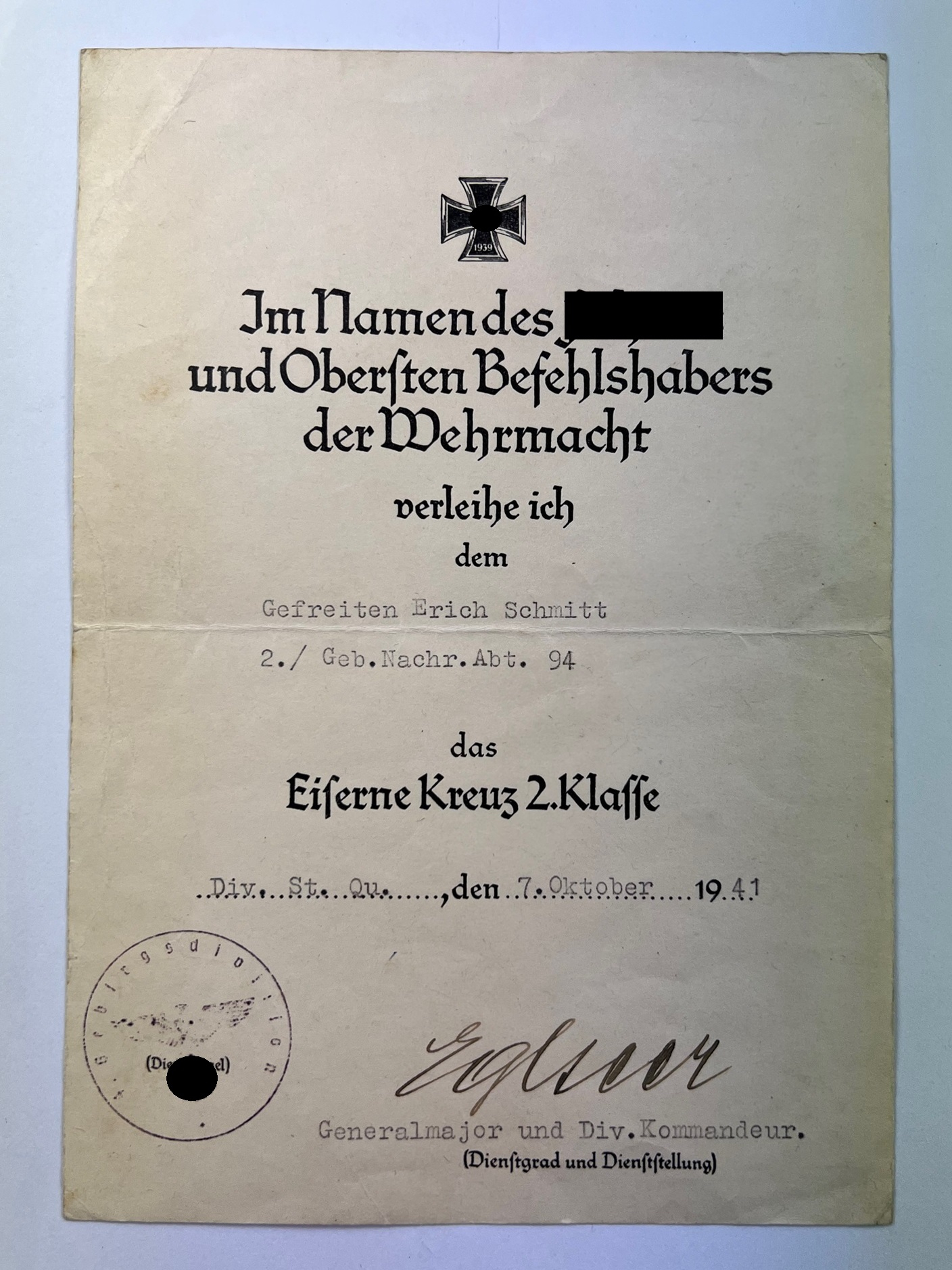 Urkunde Eisernes Kreuz 2. Klasse 1939, Gebirgs Nachrichten Abteilung 94 – Bild 1