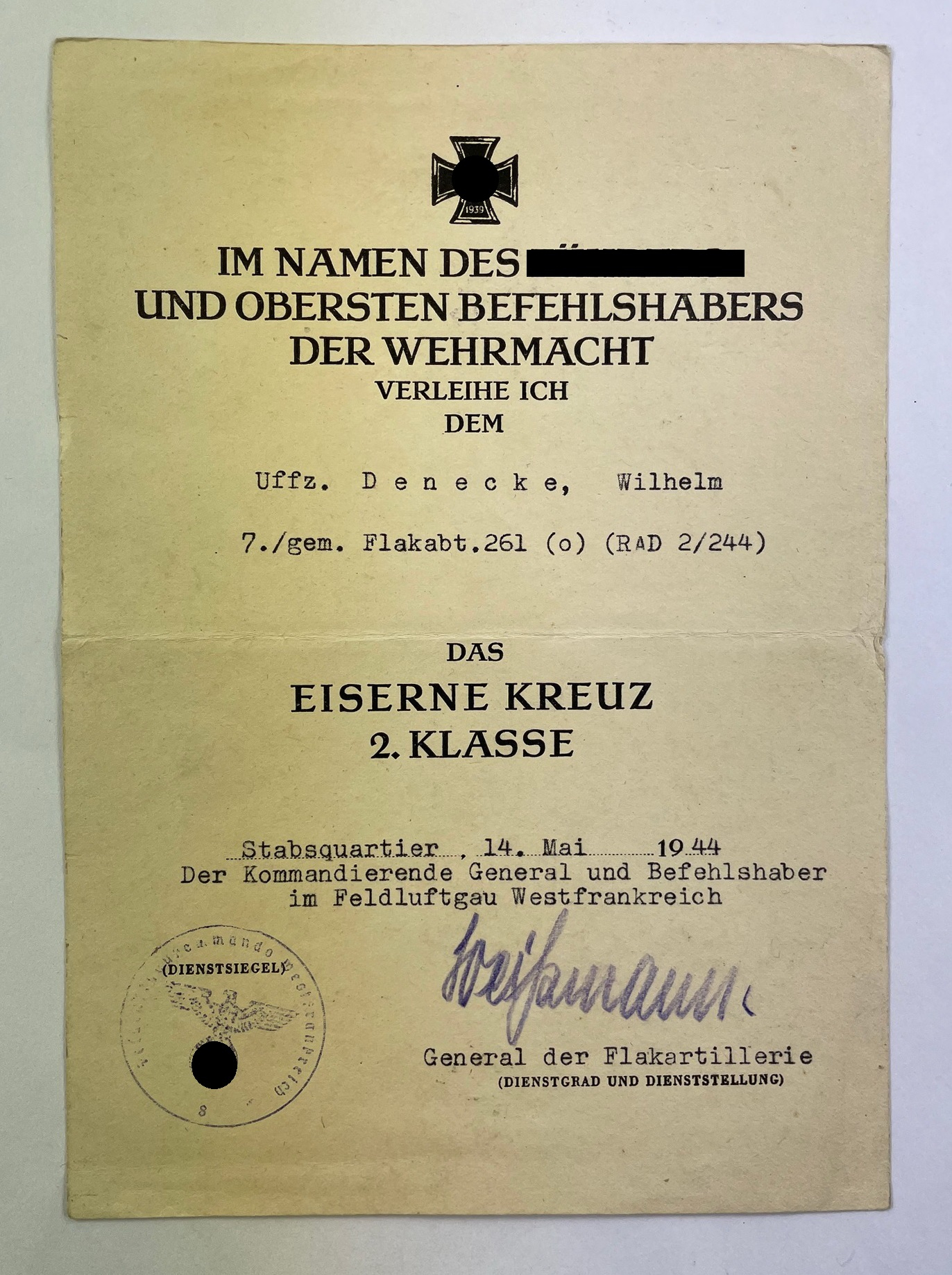 urkunde_eisernes_kreuz_2 Urkunde Eisernes Kreuz 2. Klasse 1939, Gemischte Flakabteilung Luftwaffe und RAD – Bild 1