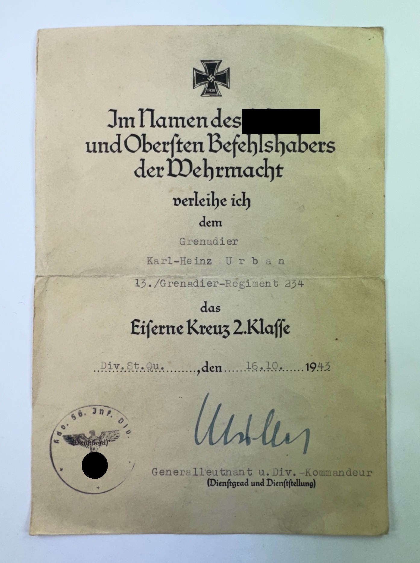 urkunde_eisernes_kreuz_2 Urkunde Eisernes Kreuz 2. Klasse 1939, Grenadier-Regiment 234 – Bild 1