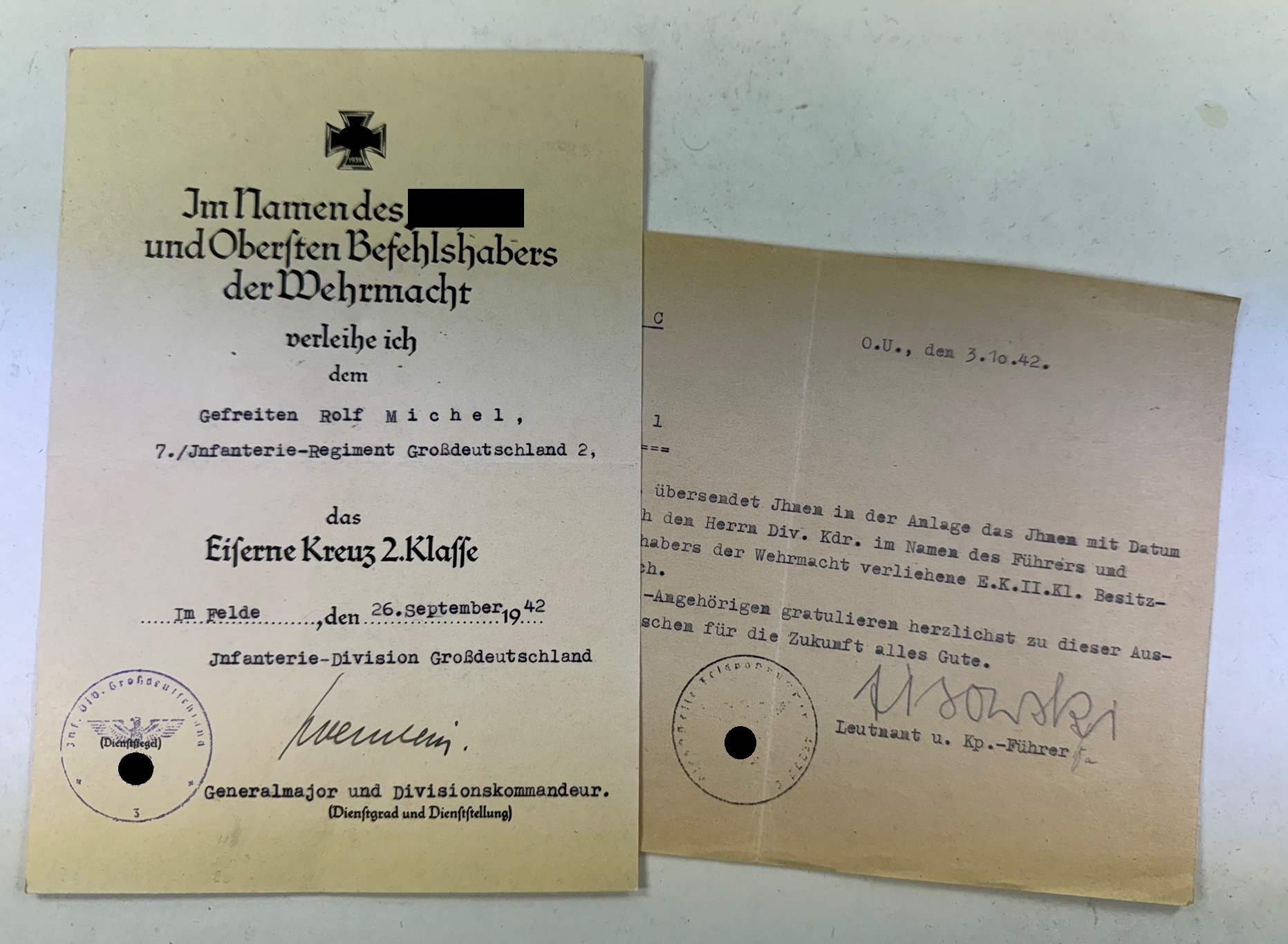 Urkunde Eisernes Kreuz 2. Klasse 1939, Großdeutschland + Übersendungsschreiben EK-2 – Bild 1