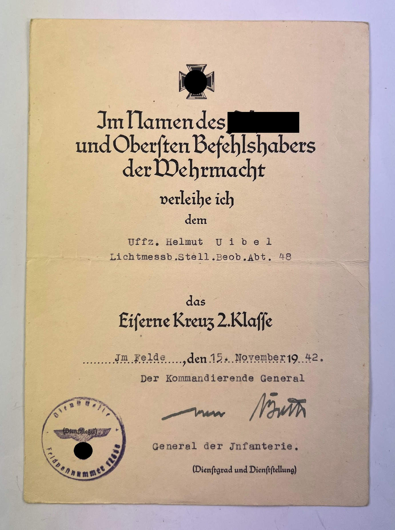 Urkunde Eisernes Kreuz 2. Klasse 1939, Lichtmessb. Stell. Beob.Abt. 48 – Bild 1
