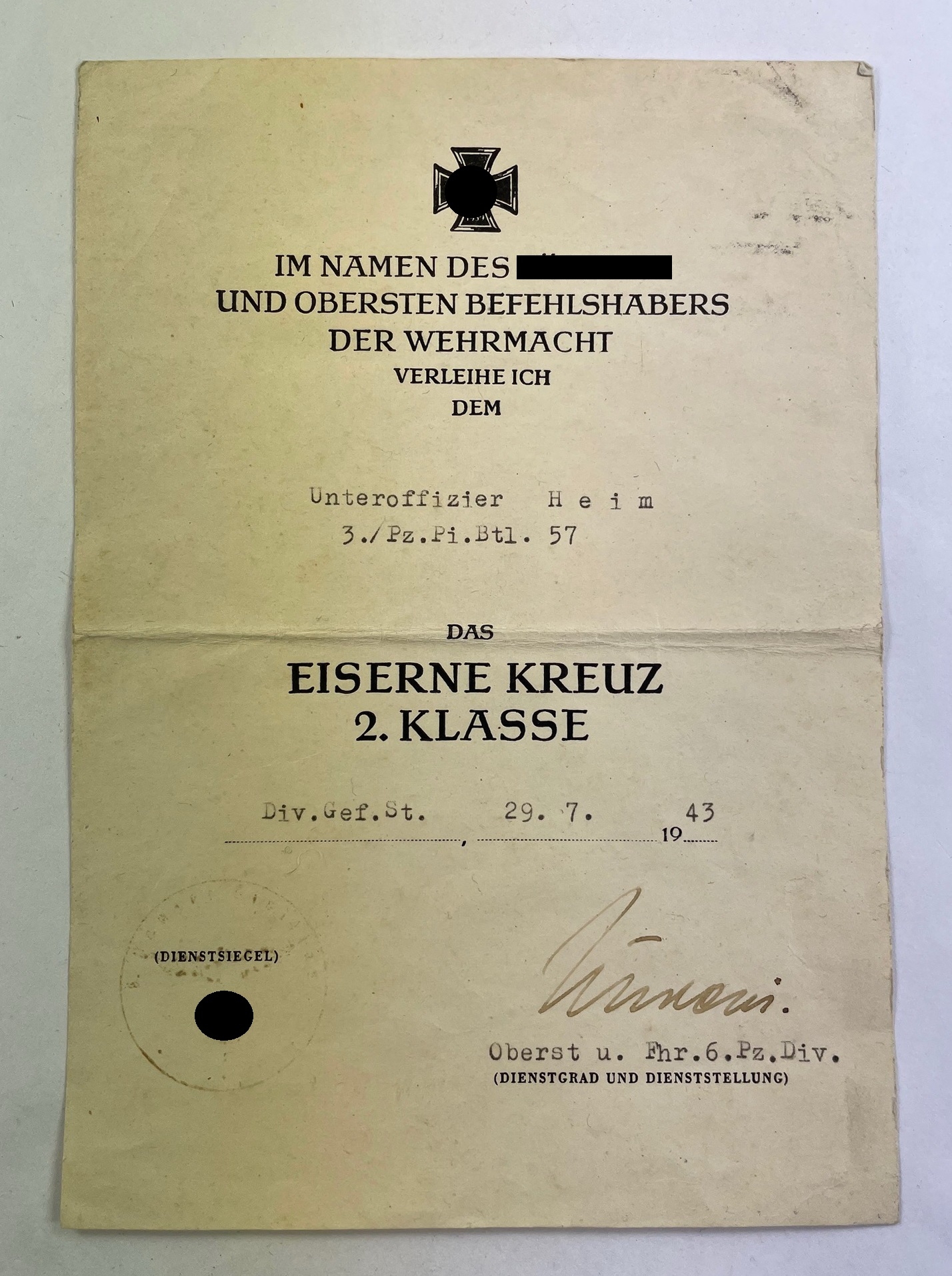 Urkunde Eisernes Kreuz 2. Klasse 1939, Panzer Pionier (Zz.Pi.Btl. 57) – Bild 1