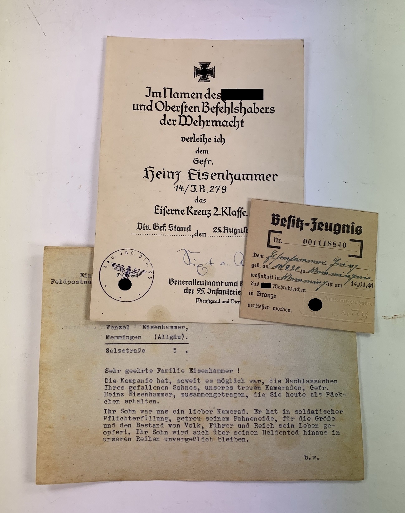 urkunde_eisernes_kreuz_2 Urkunde Eisernes Kreuz 2. Klasse, Übersendungsschreiben und Besitzzeugnis SA Wehrabzeichen – Bild 1