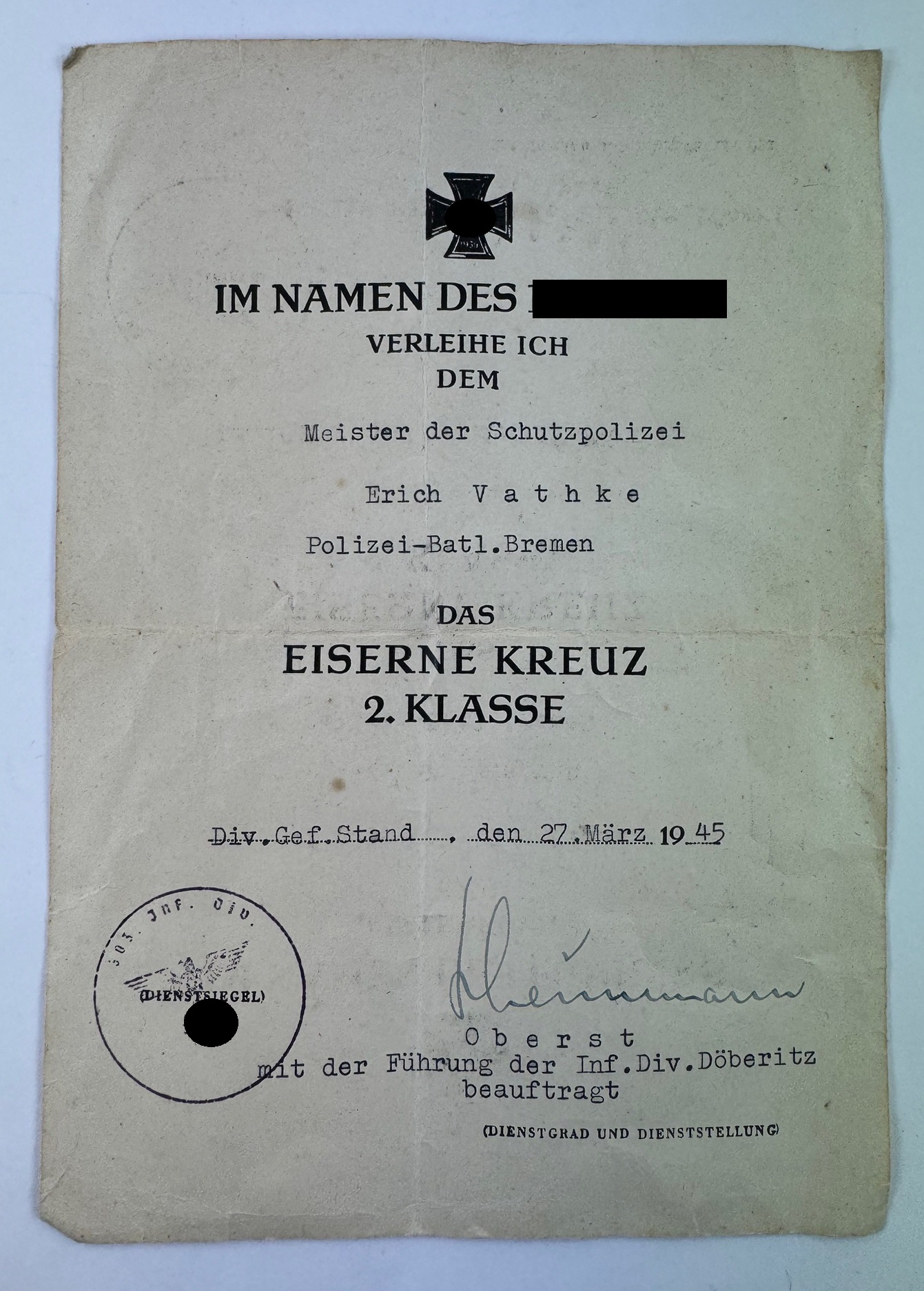 Urkunde Eisernes Kreuz 2. Klasse, März 1945, Infanterie Division Döberitz – Bild 1