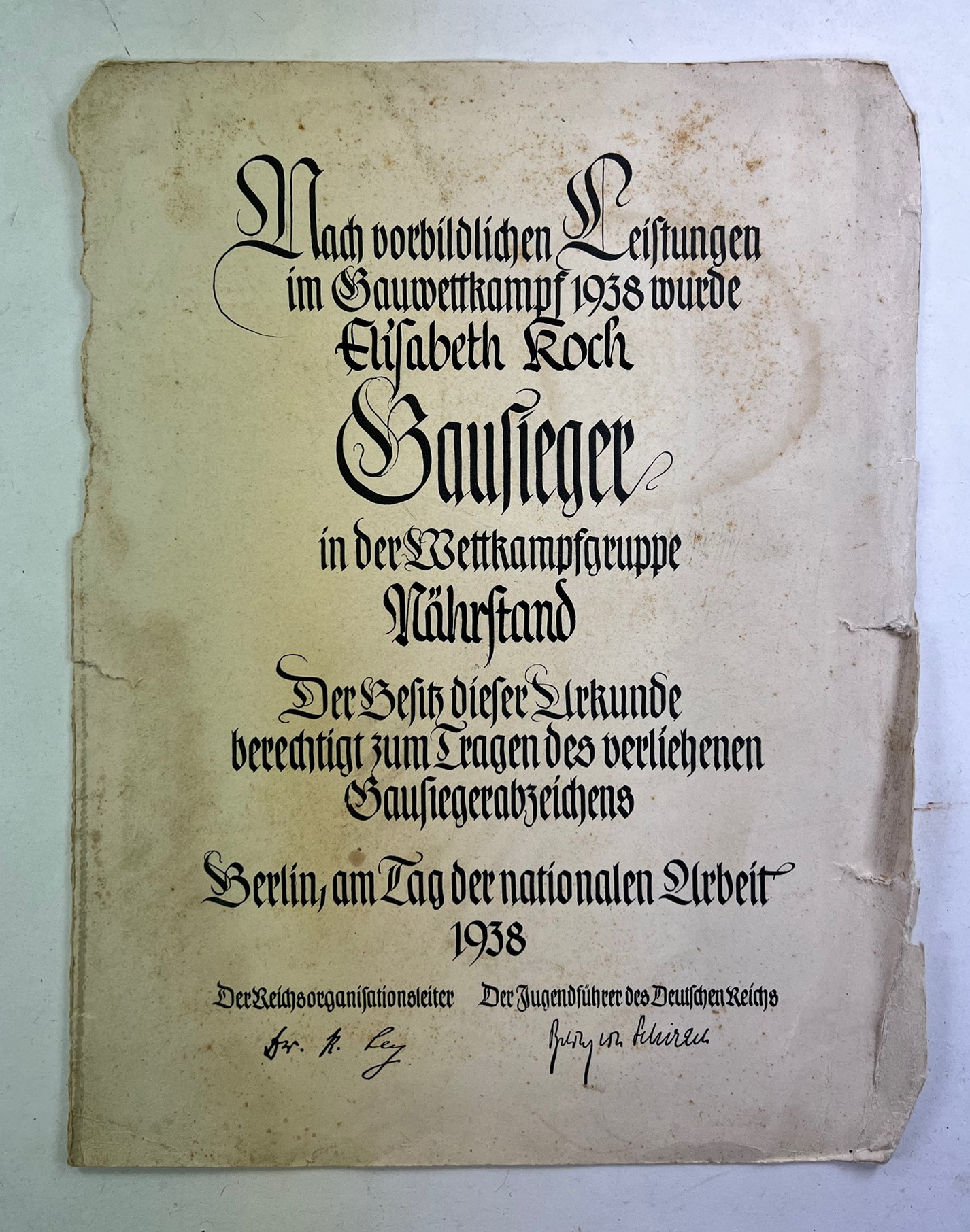 urkunde_gausiegerabzeichen_1938 Urkunde Gausiegerabzeichen 1938 – Bild 1