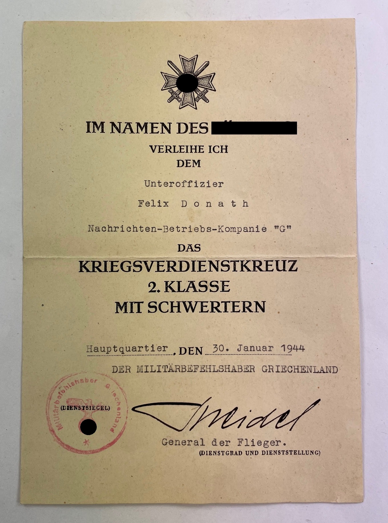urkunde_kriegsverdienstkreuz_2 Urkunde Kriegsverdienstkreuz 2. Klasse mit Schwertern, Griechland – Bild 1