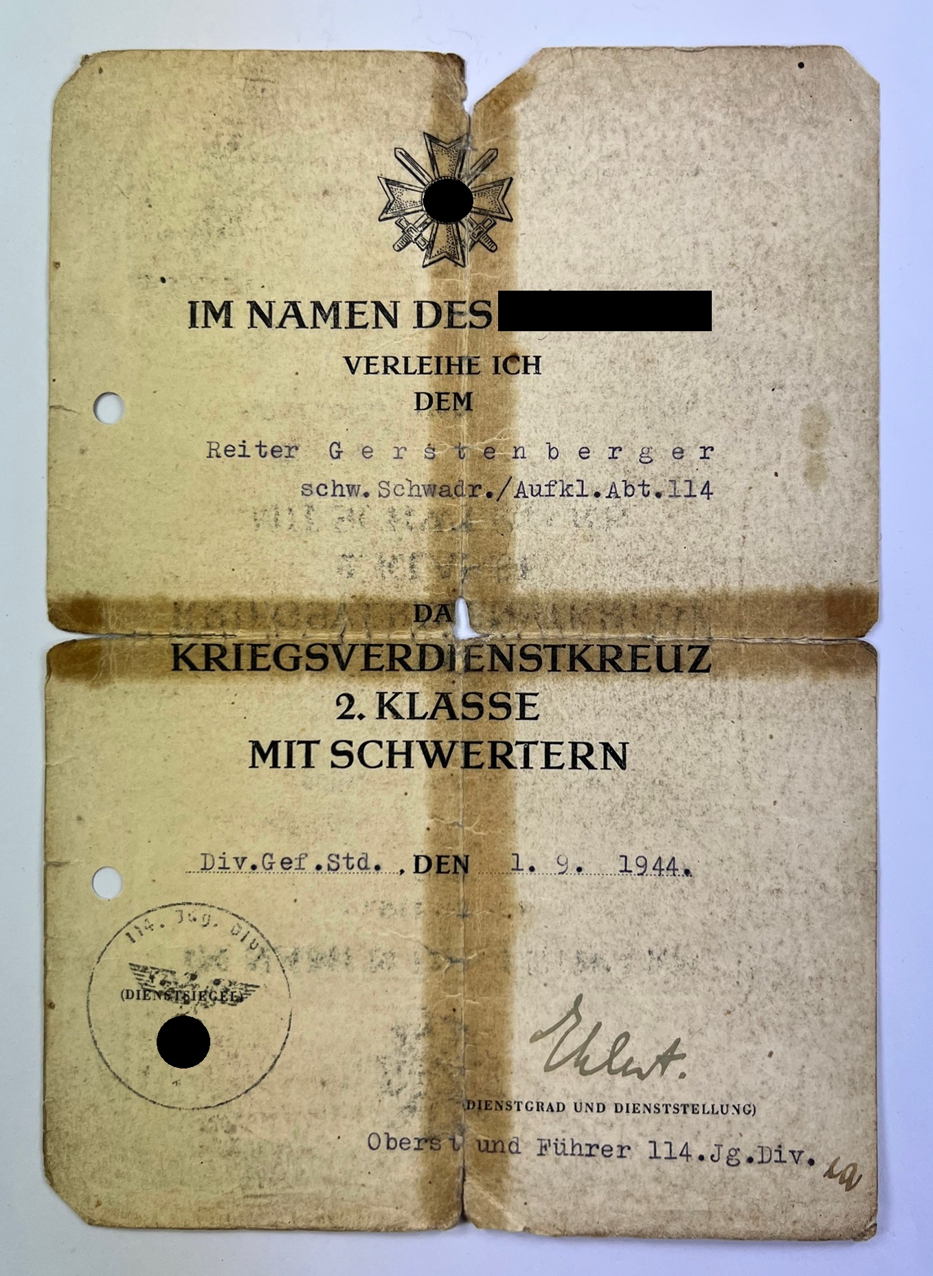 Urkunde Kriegsverdienstkreuz 2. Klasse mit Schwertern, Schwere Schwadron, Aufklärungsabteilung 114 – Bild 1