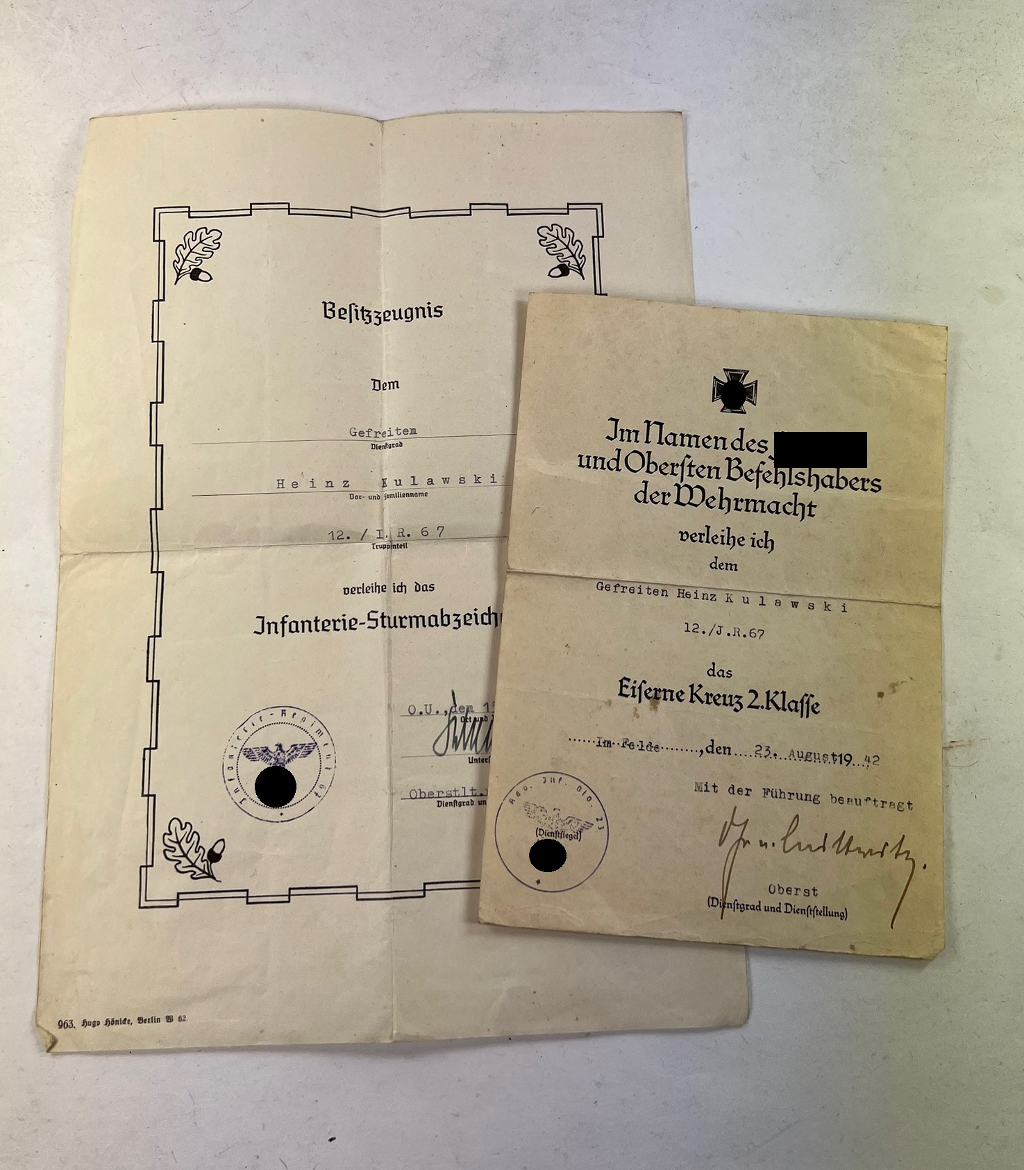 urkunden_gruppe_infanterie_regiment_67_j Urkunden Gruppe Infanterie Regiment 67 (J.R.67) – Bild 1