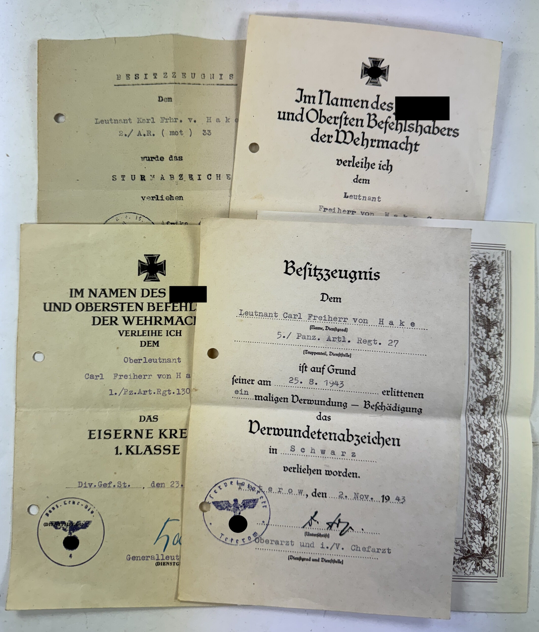 Urkunden Nachlass Freiherr von Hake Panzeraufklärungsabteilung 33, Afrika Normandie – Bild 1