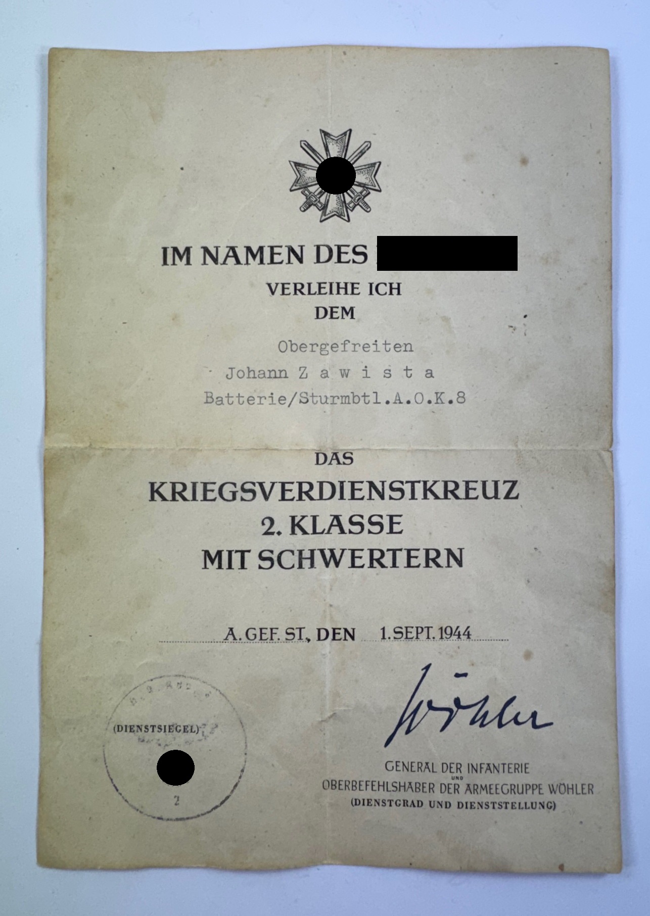 Verleihungsurkunde Kriegsverdienstkreuz 2. Klasse mit Schwertern, Sturm-Bataillon AOK 8 (Armee Oberkommando 8) Verleihungsurkunde Kriegsverdienstkreuz 2. Klasse mit Schwertern, Sturm-Bataillon AOK 8 (Armee Oberkommando 8) – Bild 1