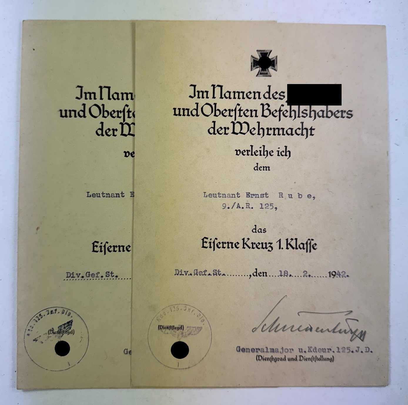 Urkunden Leutnant Rube, Artillerie Regiment 125 (A.R. 125) (1) Urkunden Leutnant Rube, Artillerie Regiment 125 (A.R. 125) – Bild 1