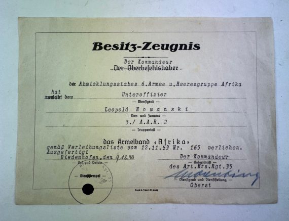 Besitz-Zeugnis Ärmelband Afrika, Abwicklungsstab 6. Armee u. Heeresgruppe Afrika