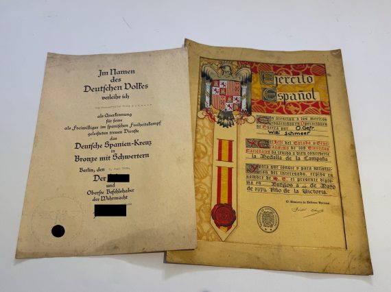 Urkunden Spanienkreuz in Bronze mit Schwertern + Urkunde Medalla de la Campaña (1)