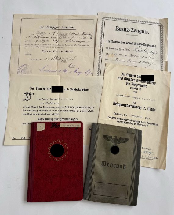 Urkundengruppe August Hunker, u.a. Nachverleihung Eisernes Kreuz 1. Kl. 1914 (1920)