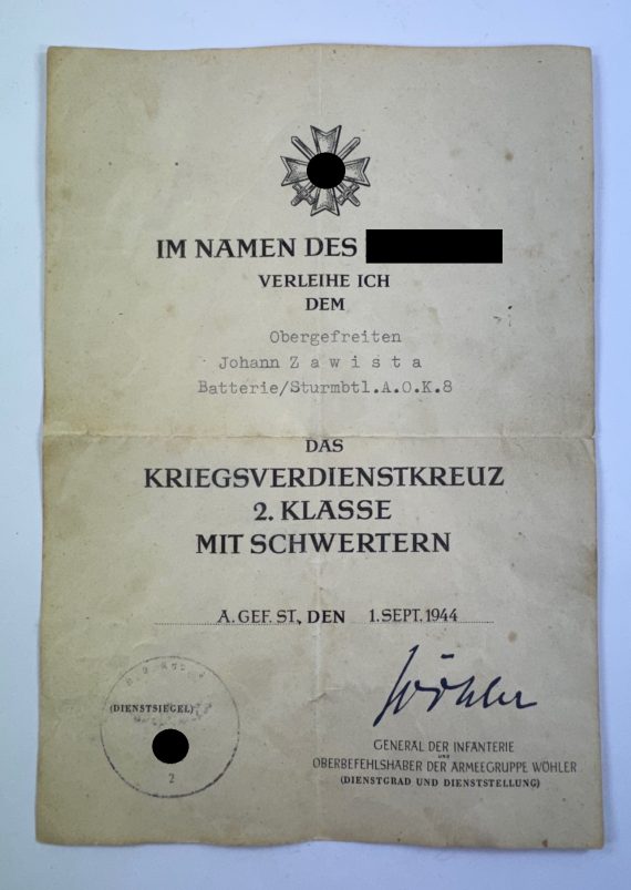 Verleihungsurkunde Kriegsverdienstkreuz 2. Klasse mit Schwertern, Sturm-Bataillon AOK 8 (Armee Oberkommando 8)
